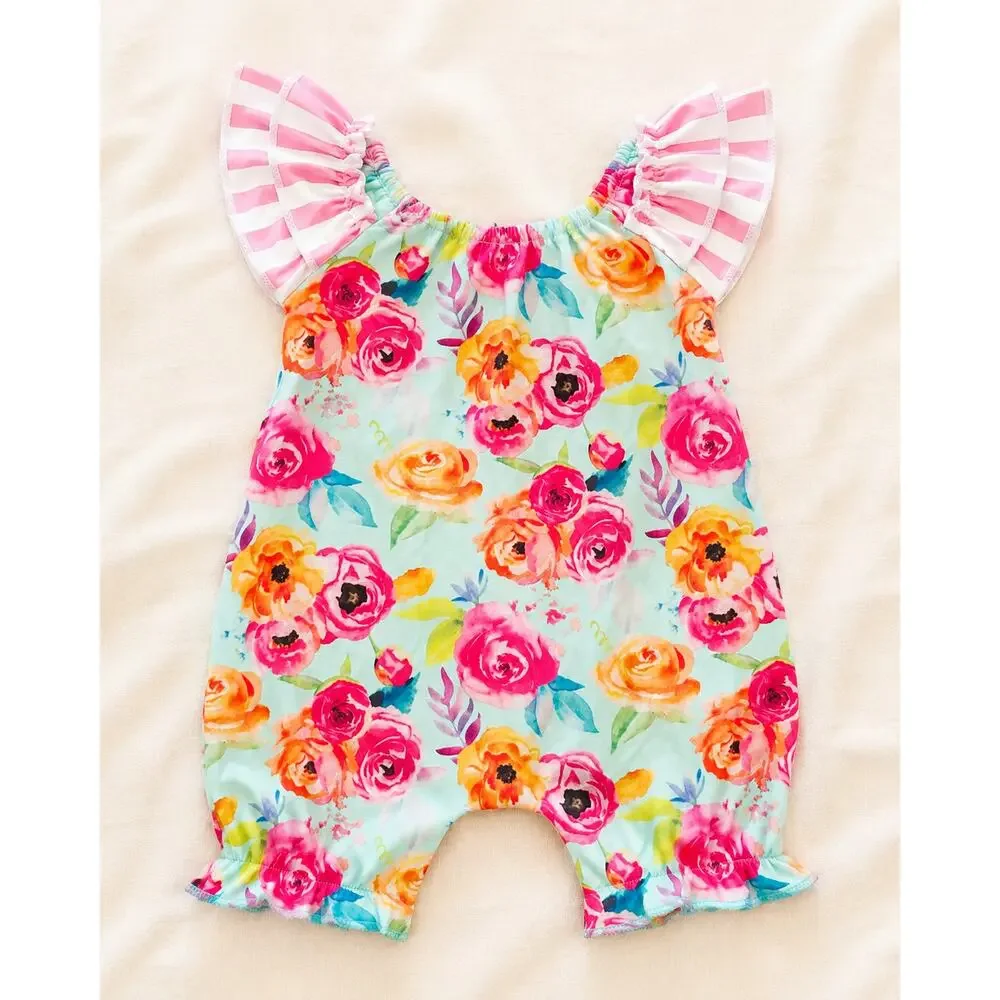 Clover Cottage 0-6M Baby Girl Floral Ruffle Romper Gingham Pockets Boutique
